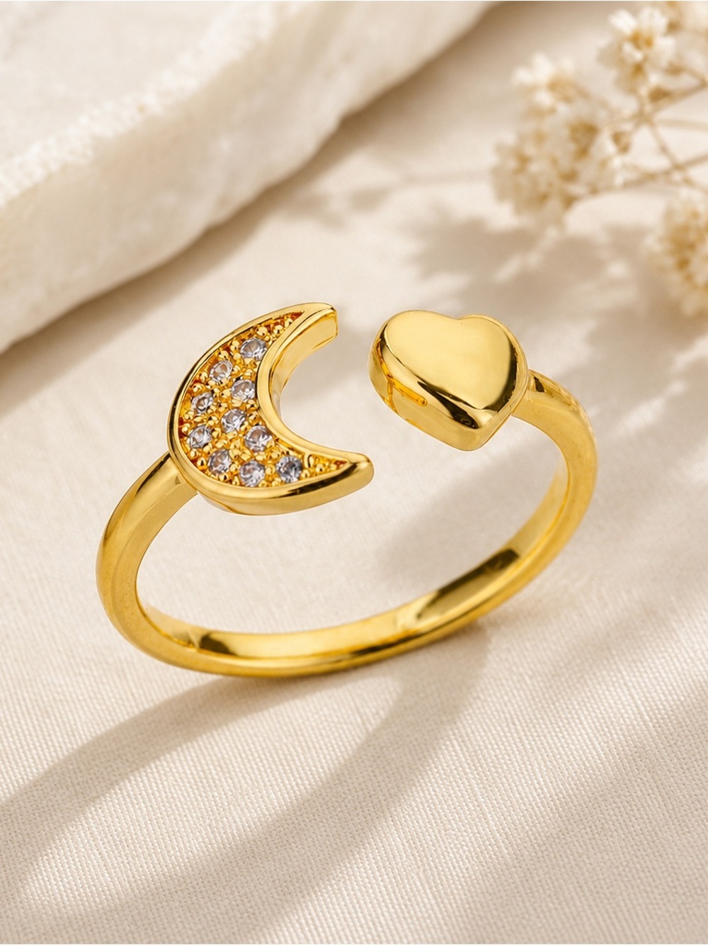 Gold Moon & Heart Adjustable Ring | 304 Stainless Steel | Gold Plated PVD